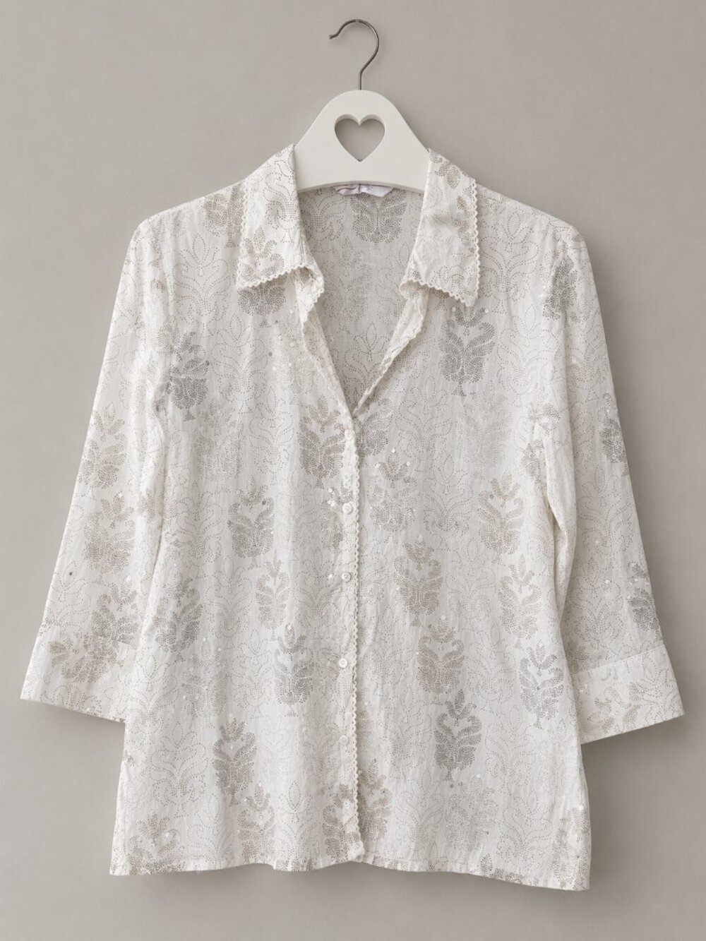 Ivory 100% Cotton Floral Sequin Blouse Cream and Taupe Size 14US